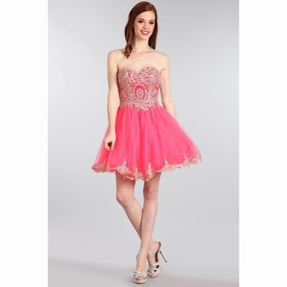 SWEETHEART Coral with Gold Lace Dress - Picture 1 of 6